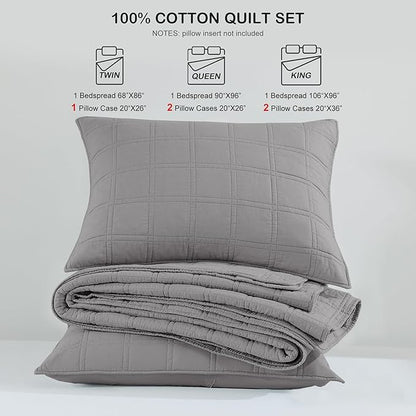 HORIMOTE HOME 100% Cotton Quilt Set Twin Size, Grey Pre-Washed Bedspreads Coverlet Set in Geometric Pattern, Cozy Lightweight Stitching Decorative Bedding Cover with 1 Sham for All Season