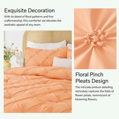 BEDELITE Apricot Queen Comforter Set - 3 Pieces Boho Pintuck Bedding Comforter Sets, Lightweight Soft & Warm Bed Comforter Queen with 2 Pillowcases for All Season