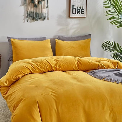 Houseri Velvet Comforter Set - Twin Girls & Boys Fluffy Bedding - Dark Yellow Sherpa & Mustard Fuzzy Flannel Plush Comforters