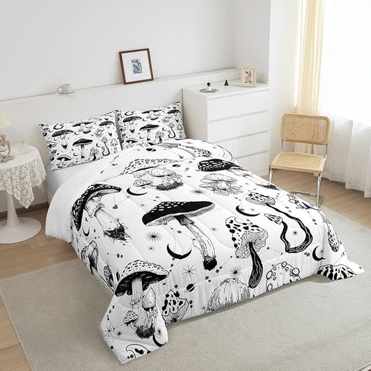 Castle Fairy Wild Mushroom Comforter Set Twin Size,Abstract Sun Moon Starry Quilt Set Gothic Plants Bedding Set for Kids Boys Teens Room Decor,Black White Sketch Style Duvet Insert with 1 Pillowcase