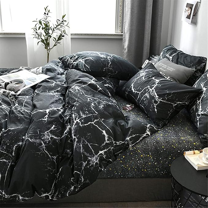 Cottonight Black Marble Comforter Set Full Marble Bedding Comforter Set Black and White Abstract Modern Blanket Quilts Marble Texture Comforter Black Bedding Set for Men Women Adults Kids