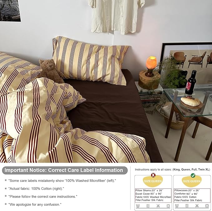 mixinni Vintage Striped Comforter Set King Size - Soft Cotton 3-Piece Boho Bedding Set (1 Comforter+ 2 Pillowcases), Rustic Red-Brown Geometric Stripes, Ultra-Soft & Breathable for All Seasons
