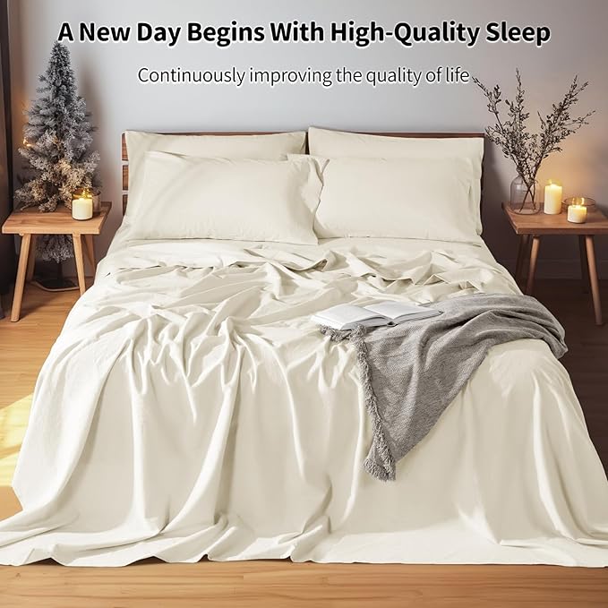 LBRO2M 100% Pure Linen Sheet Set Deep Pocket Up to 16" Bed Sheets Sets, Natural Flax Beddings Soft, Breathable, Comfortable for All Seasons 6 Pcs Sheet Set Queen Size, Beige