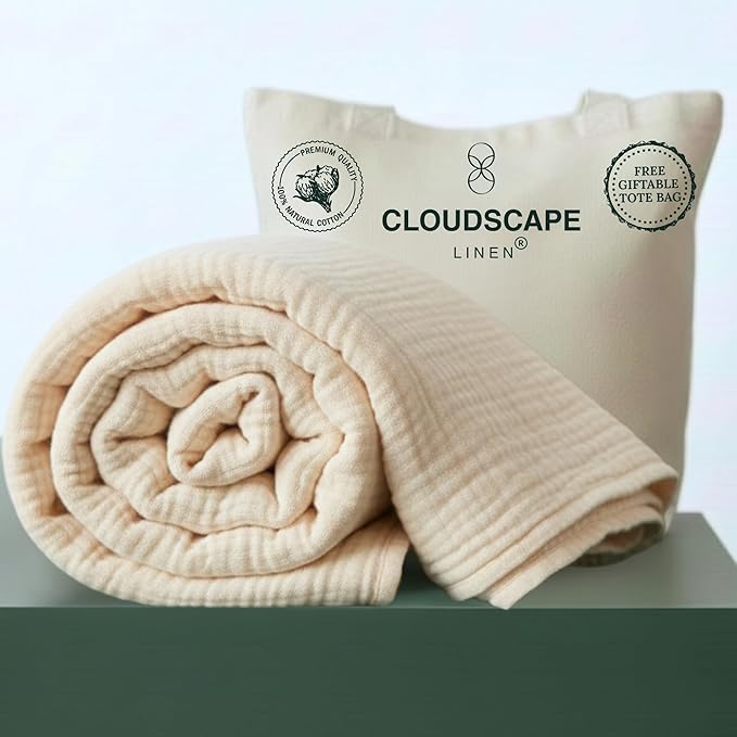 CLOUDSCAPE 100% Cotton Muslin Blanket Twin Size, 4 Layer Oversized 68x92 Fits Twin XL Bed, Soft Breathable, Lightweight, Summer Blanket for Adults, Women, Perfect Spring Gift for All Season- Ivory