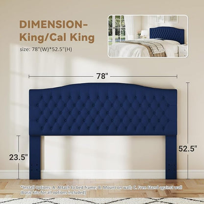 King Headboard Only, Upholstered Headboard King Size for Adjustable Bed Velvet Tufted Wall Mounted Head Board with Solid Wood Legs, Navy Blue