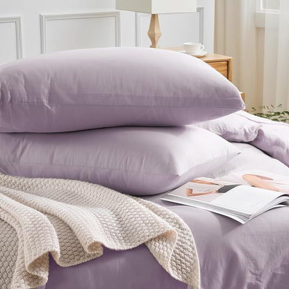NEXHOME PRO Duvet Cover Set King Size Linen Feel Textured Organic Natural 100% Washed Cotton Duvet Cover Purple Lavender Lilac 3 Pieces Bedding Set with Zipper Closure, Breathable (No Comforter)