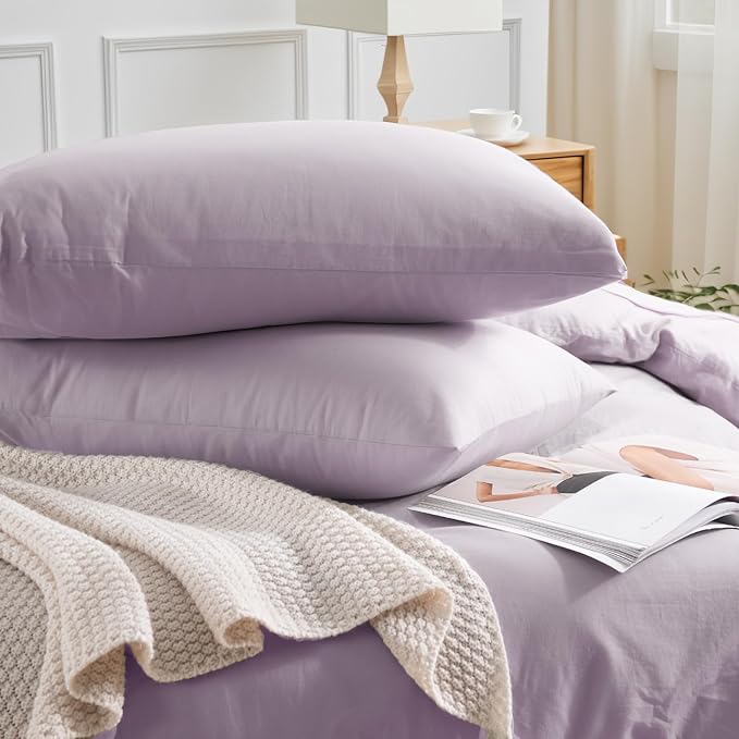 NEXHOME PRO Duvet Cover Set 100% Washed Cotton Full Size Linen Feel Textured Organic Natural 3 Pieces Bedding Set Lavender Lilac Purple with Zipper Closure and Corner Ties, Breathable(No Comforter)