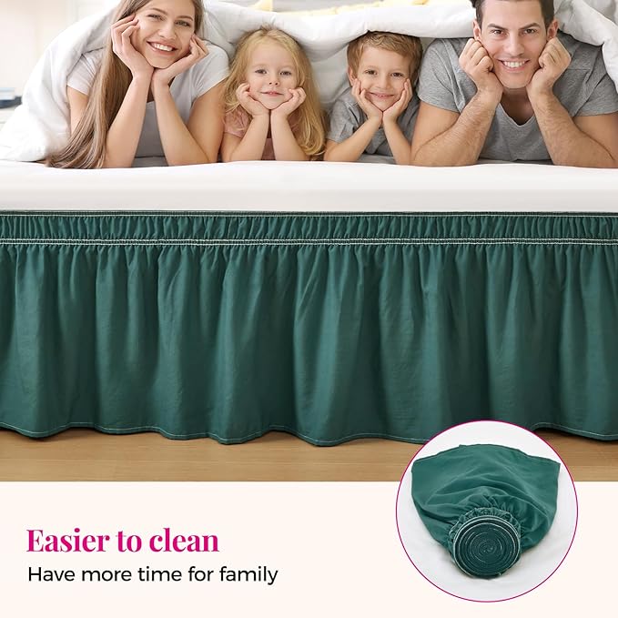 RIMELA Emerald Green Bed Skirt Queen Size 15 Inch Drop, Wrap Around Elastic Bedskirt, Dust Ruffle for Adjustable Bed Base Machine Washable Easy to Install Bed Skirts,Christmas Bedroom Decor