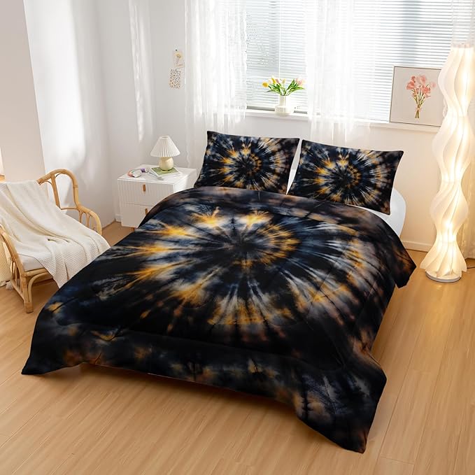 Dark Tie Dye Comforter Sets Queen Size,Yellow Fission Graffiti Bedding Set for Your Room,Abstract Soft Lightweight Quilted Set All Season 1 Comforter and 2 Pillowcases