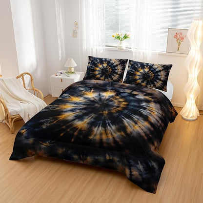 Dark Tie Dye Comforter Sets Full Size,Yellow Fission Graffiti Bedding Set for Your Room,Abstract Soft Lightweight Quilted Set All Season 1 Comforter and 2 Pillowcases