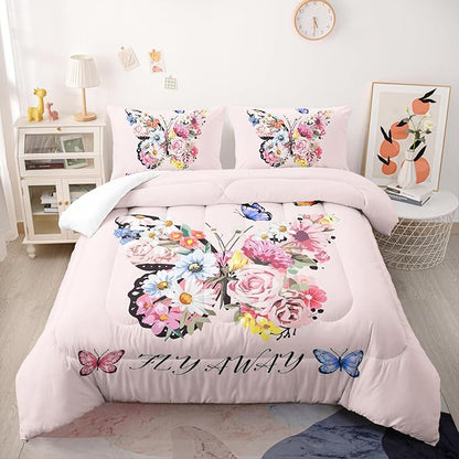 Pink Floral Butterfly Tower Comforter Set Queen Girl Butterfly Bedding Sets 3PCS for Kids Teen Adult Girl Room Decor Ultra-Soft Lightweight Microfiber 1 Comforter with 2 Pillowcases