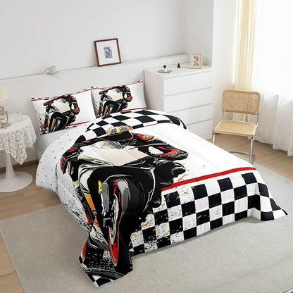 Feelyou Dirt Bike Comforter Set Queen Size Racing Motocross Rider Comforter for Boys Girls Teens Extreme Sports Bedding Set Flag Duvet Set Room Decor Off White Quilt Set
