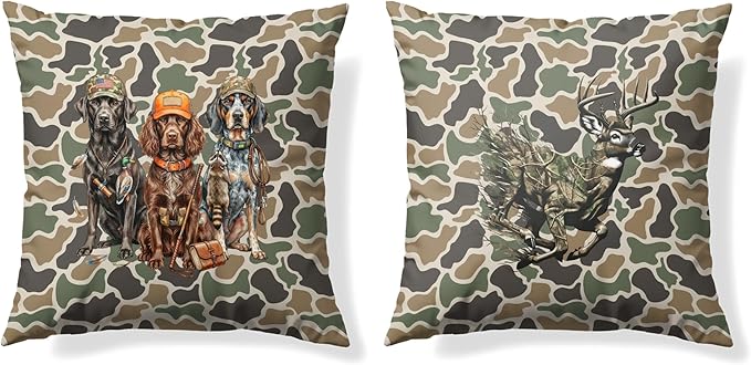 Vintage Camo Labrador Retriever Mallard Deer Duck Throw Pillow Covers 18x18 Set of 2, Dog Hunting Pillowcase, Camouflage Farm Animal Decorative Pillow Covers,Camouflage Wild Animal Decor（88）