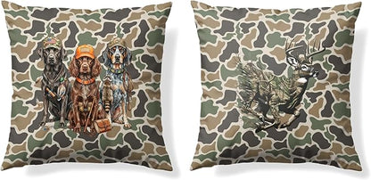 Vintage Camo Labrador Retriever Mallard Deer Duck Throw Pillow Covers 18x18 Set of 2, Dog Hunting Pillowcase, Camouflage Farm Animal Decorative Pillow Covers,Camouflage Wild Animal Decor（88）