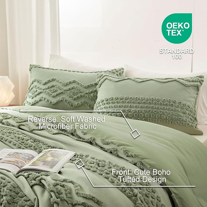 Luxudecor Sage Green Tufted Comforter Set Full Size 3 Pieces Boho Shabby Chic Comforter Farmhouse Embroidery Bedding Set Soft Comforter for All Seasons (Sage Green, 80''x90'')