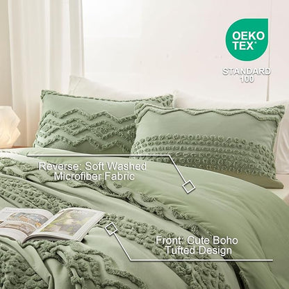 Luxudecor Sage Green Tufted Comforter Set Full Size 3 Pieces Boho Shabby Chic Comforter Farmhouse Embroidery Bedding Set Soft Comforter for All Seasons (Sage Green, 80''x90'')