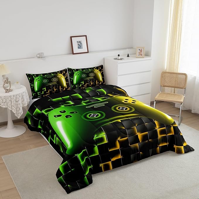 Erosebridal Gamer Comforter Sets for Boys,Queen Size Bedding Sets for Boys Girls Kids 3D Gaming Geometric Comforter,Game Console Lightweight Microfiber Duvet Quilt,Neon Yellow Black Green Glowing