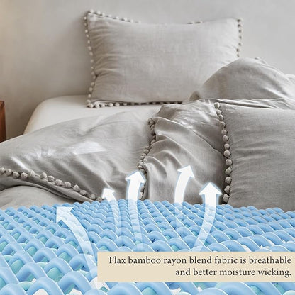 Simple&Opulence French Linen Blended Duvet Cover King, Flax Viscose Derived from Bamboo Bedding Set with Pom Pom Trim Soft Cooling for Hot Sleepers, 1 Boho Comforter Cover and 2 Pillow Shams, Linen