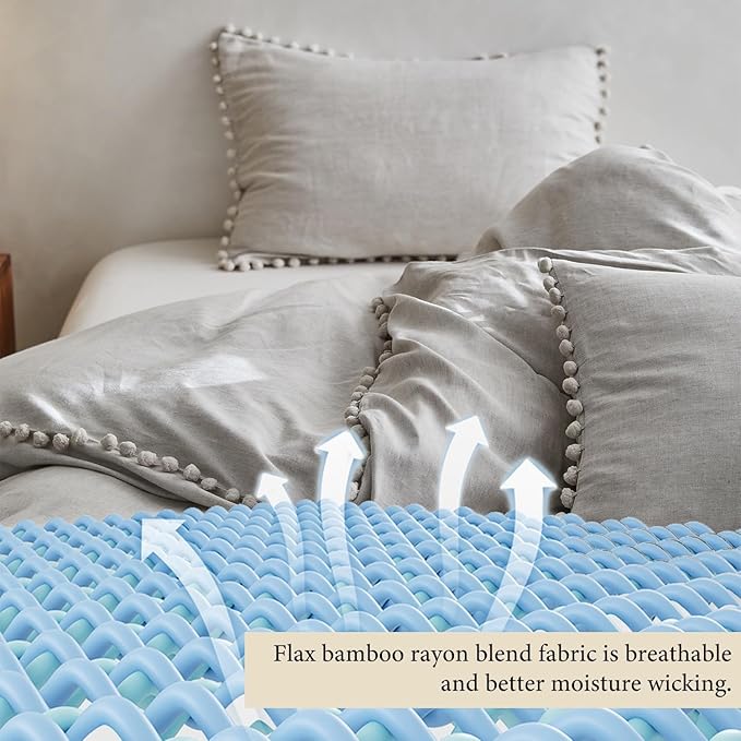 Simple&Opulence French Linen Blended Duvet Cover Queen, Flax Viscose Derived from Bamboo Bedding Set with Pom Pom Trim Soft Cooling for Hot Sleepers, 1 Boho Comforter Cover and 2 Pillow Shams, Linen