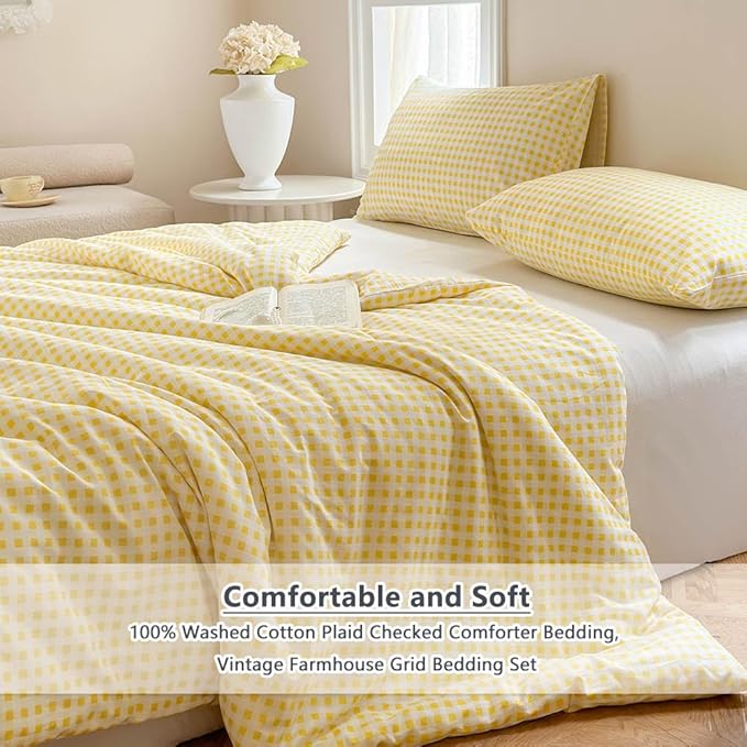 NSNLGSGC Yellow Gingham Cotton Comforter Set Queen, 100% Washed Cotton Plaid Checked Comforter Bedding, 3 Pieces Vintage Farmhouse Grid Bedding Set(Yellow Gingham, Queen)