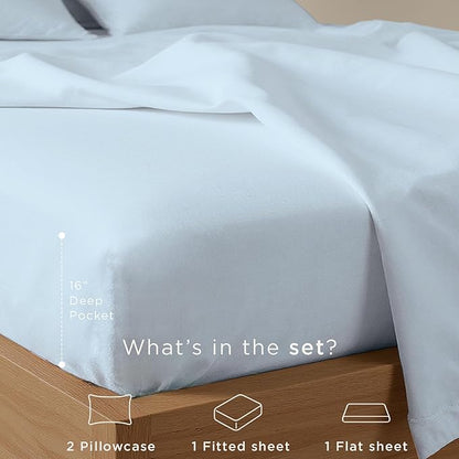 Threadmill Cotton Queen Sheet Set | 100% Cotton Sheets for Queen Size Bed | Solid Sateen Queen Bed Sheets Set with 16” Deep Pocket | Soft Breathable 4-Piece Cooling Bedding Sheet Set | Light Blue