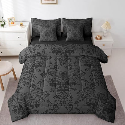 Erosebridal Gothic Damask Bed in a Bag King Size Comforter Set 7 Pieces,Exotic Moth Bedding Sets Black Grey Victorian Floral Goth Sheet Set with Comforter