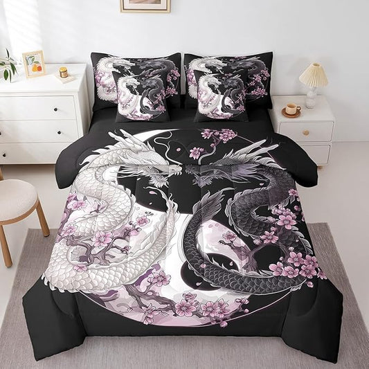 Feelyou Dragon Comforter Set 7 Pieces Queen Size Yin Yang Cherry Flower Bedding Set for Boys Girls Wildlife Bed in a Bag with Comforter, Sheets, Pillowcases & Cushion Covers