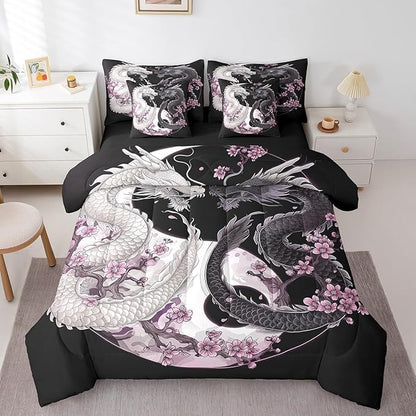 Feelyou Dragon Comforter Set 7 Pieces Full Size Yin Yang Cherry Flower Bedding Set for Boys Girls Wildlife Bed in a Bag with Comforter, Sheets, Pillowcases & Cushion Covers