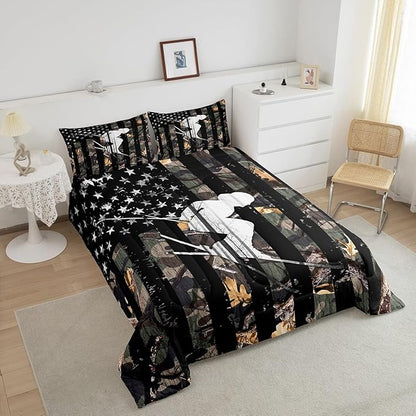 Camo American Flag Comforter Twin Size Bed,Boys Girls Skiing Sports Bedding Comforter Sets,Camouflage Blanket Duvet Set,Rustic Nature Tree Leaves Bedding