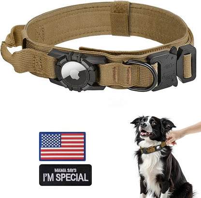 Tactical AirTag Dog Collar - Heavy Duty, Adjustable GPS Collar | Compatible with Apple AirTag, with Holder & Control Handle for Medium/Large Dogs [ Brown, XL ]
