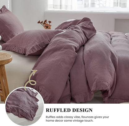 Simple&Opulence 100% Linen Duvet Cover Set, 3 PCS Natural French Flax Purple Ruffle Duvet Cover King Size, Breathable Comfy Linen Bedding Comforter Cover with 2 Pillowcases (Purple, 104" X 92")