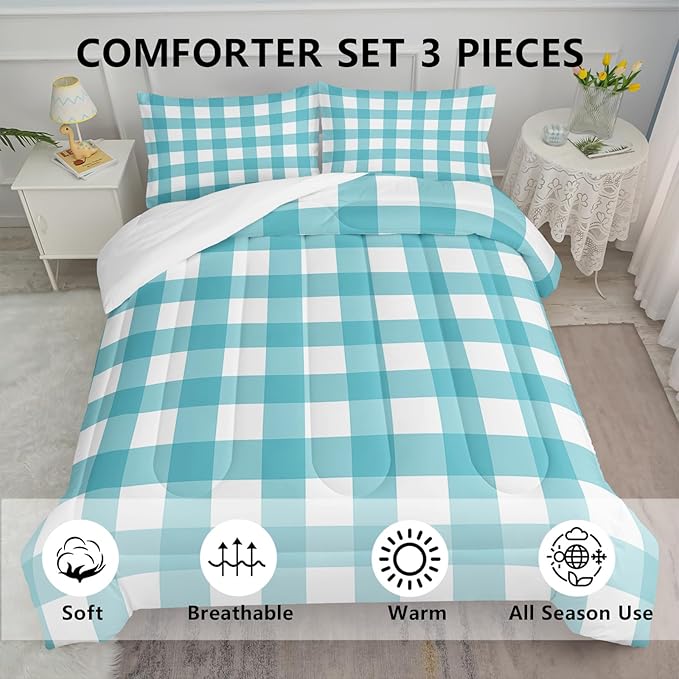 3Pcs Gingham Bedding for Girls,Geometric Patchwork Comforter Set for Boys Girls Kids,Teal Plaid Checkered Comforter for Kids,King Size Vintage Farmhouse Bedding Set 1 Quilt 2 Pillowshams