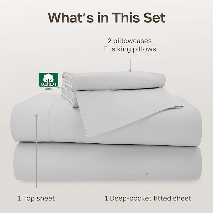 California Design Den - Cotton Sheets King Size Set, Soft 100% Cotton Sheets Deep Pockets, Snug Fit Elastic, 500 Thread Count Sateen, Premium Quality Bedsheet Set (Light Grey)