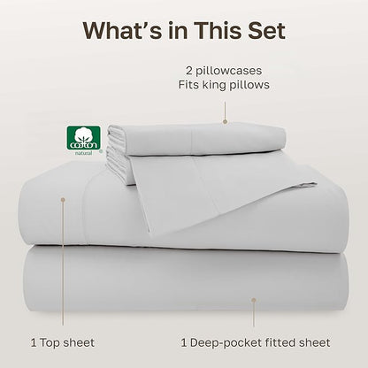 California Design Den - Cotton Sheets King Size Set, Soft 100% Cotton Sheets Deep Pockets, Snug Fit Elastic, 500 Thread Count Sateen, Premium Quality Bedsheet Set (Light Grey)