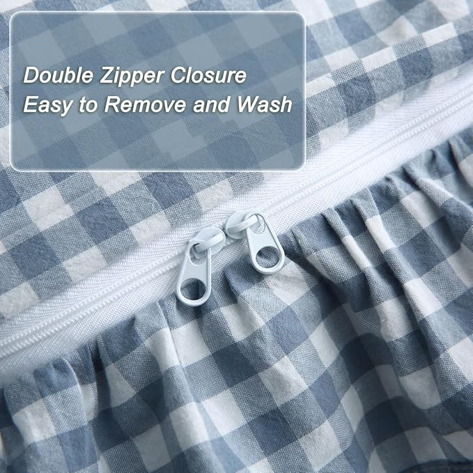 Light Blue/White Plaid Ruffle Duvet Cover Queen Size,100% Washed Cotton 3 Pieces Shabby Checkered Chic Gingham Bedding Set Comforter Cover Set