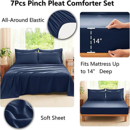 CozyLux Queen Comforter Set Navy Blue, 7 Pieces Soft Pinch Pleat Bed in a Bag Queen Comforter Set with Sheets, Boho Bed Set with Down Alternative Comforter, Sheets, Pillowcases & Shams
