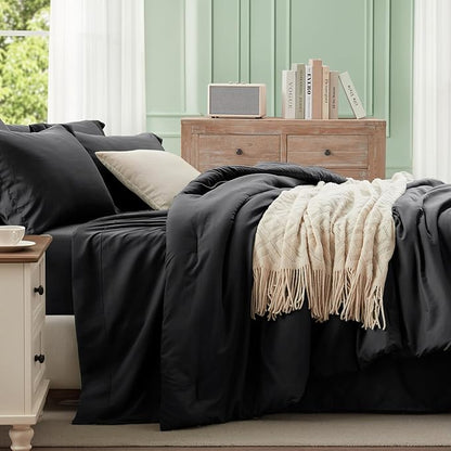 Anluoer Black Queen Comforter Set 7 Pieces, Bed in a Bag with Sheets, All Season Bedding Sets with 1 Comforter, 2 Pillow Shams, 2 Pillowcases, 1 Flat Sheet, 1 Fitted Sheet