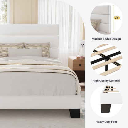 Allewie Twin Size Platform Bed Frame with Velvet Upholstered Headboard | Wooden Slats Support, Fully Upholstered Mattress Foundation, No Box Spring Needed, Easy Assembly, Noise-Free, White