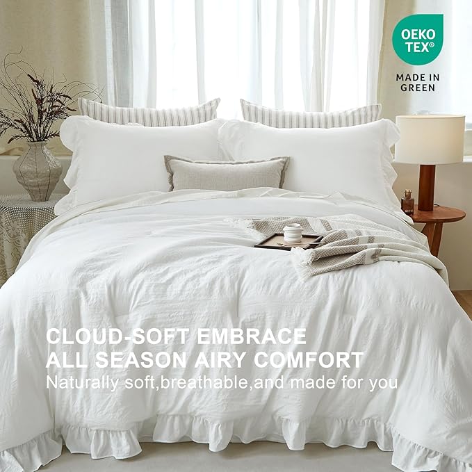 White Ruffle Comforter Set Queen, Pre-Washed Shabby Chic Bedding Set, Lightweight Cottagecore Soft Romantic Cozy 1 Comforter & 2 Shams, All-Season