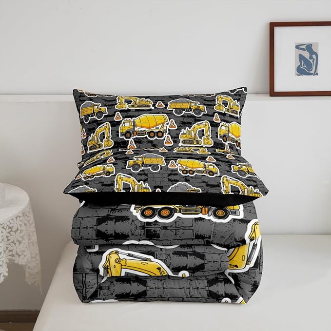 Erosebridal Excavator Comforter Set King Concrete Truck Pattern Bedding Set Child Teens Construction Down Comforter for Kids Boys Cartoon Toy Cars Quilt Set Bedroom Decor, Grey