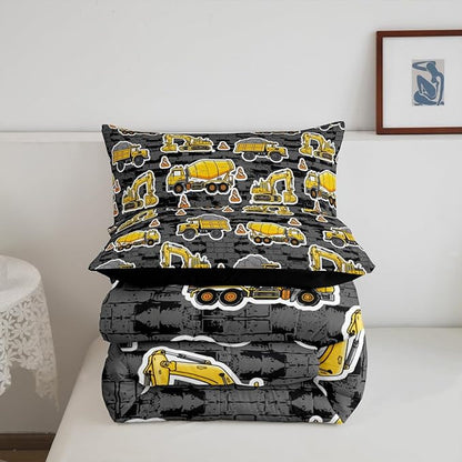 Erosebridal Excavator Comforter Set Queen Concrete Truck Pattern Bedding Set Child Teens Construction Down Comforter for Kids Boys Cartoon Toy Cars Quilt Set Bedroom Decor, Grey