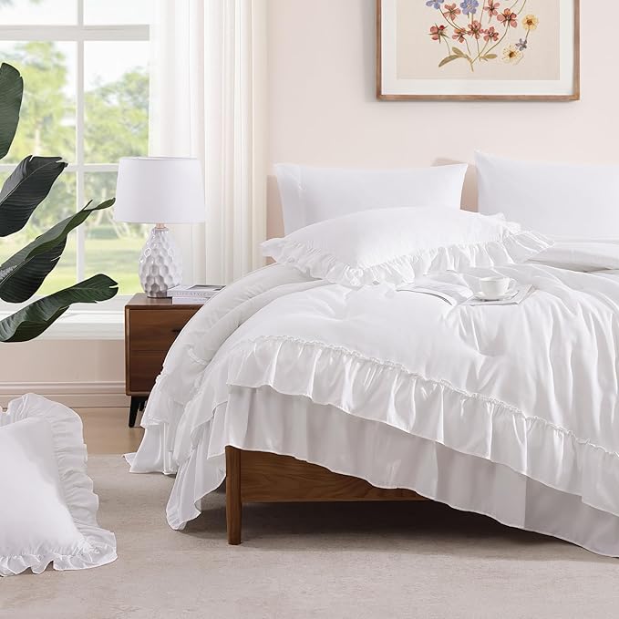 Queen Comforter Set White, Ruffle Shabby Chic Bedding Set Farmhouse 7 Pieces, All Season Fluffy Bed in a Bag with Sheets, Pillowcases & Shams