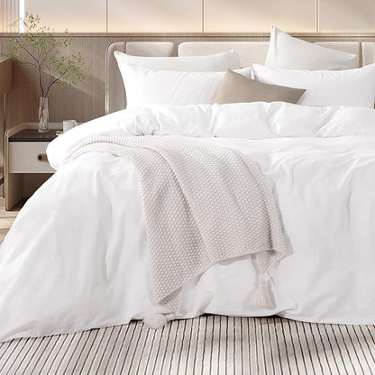 NEXHOME PRO Cotton Duvet Cover Set King Size Linen Feel White Organic Natural 100% Washed Cotton Duvet Cover Set 3 Pieces Bedding Set with Zipper Closure, Lightweight and Breathable (No Comforter)