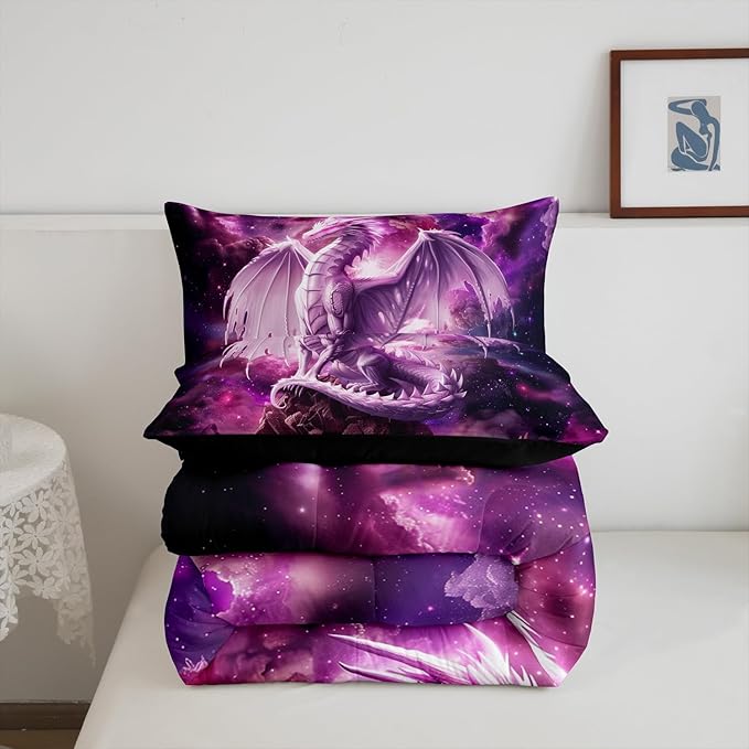 Dragon Kids Comforter Set King Size,Western Magical Dragon Bedding Set for Boys Teens Adults Room Decor,Animal Galaxy Nebula Duvet Insert 3Pcs,Glitter Starry Sky Wildlife Quilt Set,2 Pillowcases