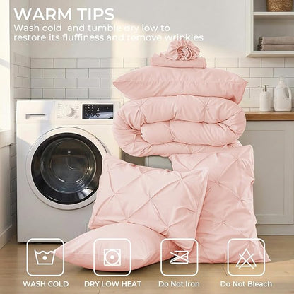 Sasttie Full Size Comforter Set, 7-Piece Bed in a Bag, Pintuck Bedding Set for All Season, Includes Comforter, Flat Sheet, Fitted Sheet, Pillowcases and Pillowshams, Blush Pink