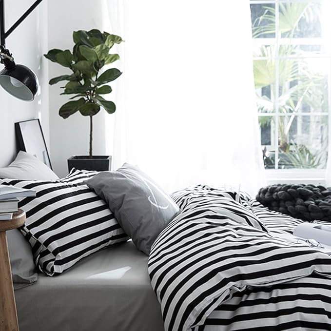 CLOTHKNOW Striped Full Size Comforter Set Black and White Bedding Comforter Sets Farmhouse Comforter Ticking Boho Comforter with 2 x Pillow Cases