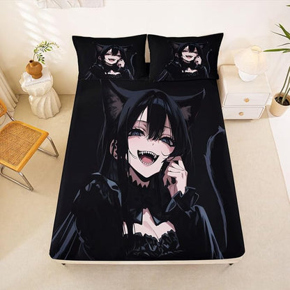 Erosebridal Anime Girl Full Bed Sheets for Kids Boys Girls 3D Japanese Fitted Sheet,Gothic Style Cat Girls Bedding Sets Cool Anime Gift Sheets with 2 Pillowcases
