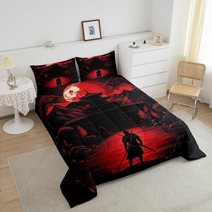 Feelyou Dragon Comforter Set Full Size Japanese Style Comforter for Boys Girls Teens Samurai Bedding Set Sunset Duvet Set Room Decor Red Black Quilt Set