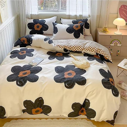 Luxlovery Black Floral Comforter Set Full Black White Sunflower Bedding Set Women Girls Cute Chic Boho Botanical Quilts 3 Piece Beige Bedding Set for Full Bed