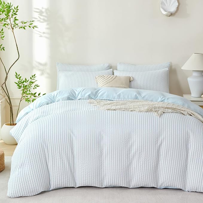 Comforter King Set Light Blue Striped Soft Luxury Washed Microfiber Jacquard 3 Pieces Bedding, Light Blue Vertical Ticking Stripes Pattern Comforter with 2 Pillowcases Breathable Durable Comfy